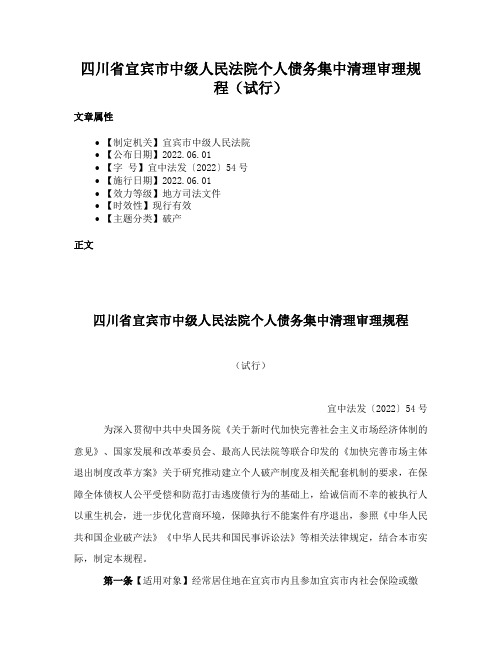 四川省宜宾市中级人民法院个人债务集中清理审理规程（试行）