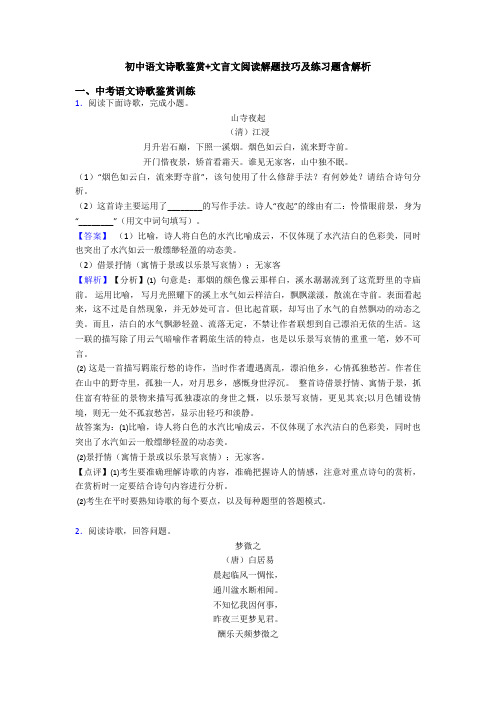 初中语文诗歌鉴赏+文言文阅读解题技巧及练习题含解析