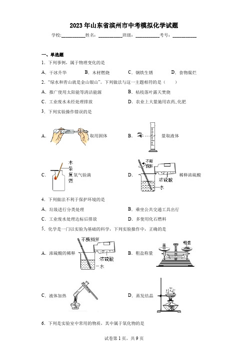 2023年山东省滨州市中考模拟化学试题