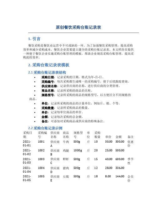 原创餐饮采购台账记录表