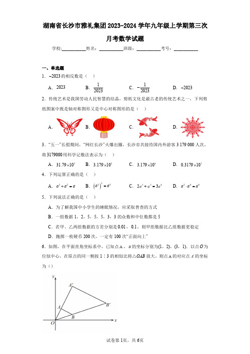 湖南省长沙市雅礼集团2023-2024学年九年级上学期第三次月考数学试题