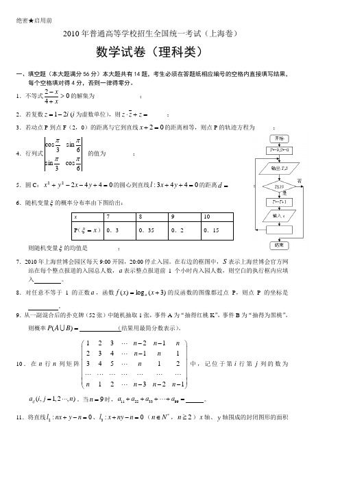 2010年上海高考数学理科(含答案)