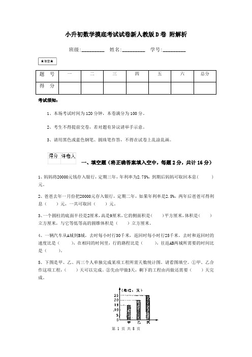 小升初数学摸底考试试卷新人教版D卷 附解析