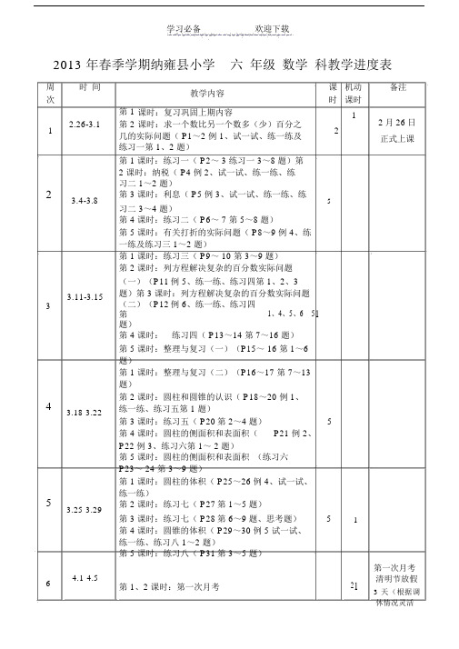 六年级下学期数学教学进度表格式.doc