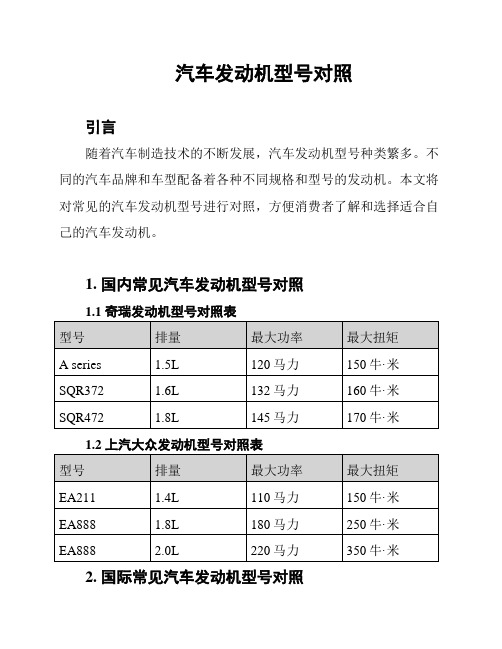 汽车发动机型号对照