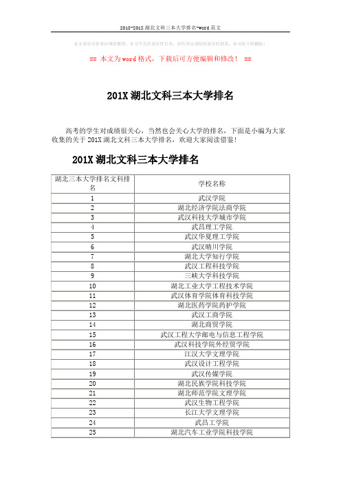 2018-201X湖北文科三本大学排名-word范文 (2页)