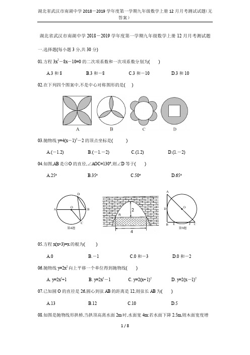 湖北省武汉市南湖中学2018-2019学年度第一学期九年级数学上册12月月考测试试题(无答案)