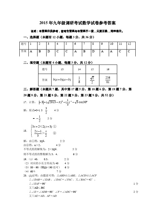 2015年九年级调研考试数学试卷参考答案