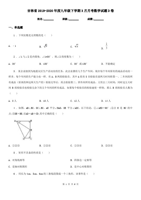 吉林省2019-2020年度九年级下学期3月月考数学试题D卷