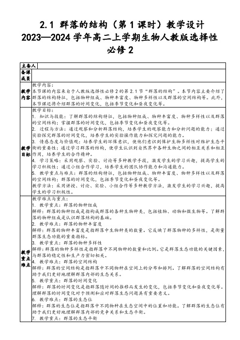 2.1+群落的结构(第1课时)教学设计+2023—2024学年高二上学期生物人教版选择性必修2