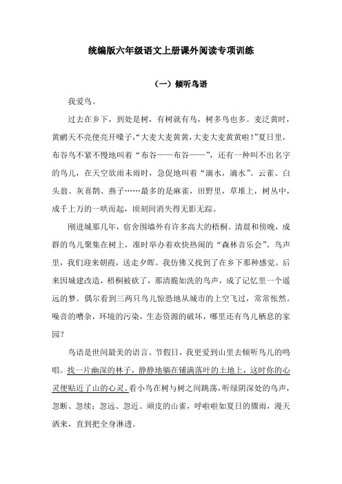 人教统编版六年级上册语文课外阅读专项训练 (含答案)2