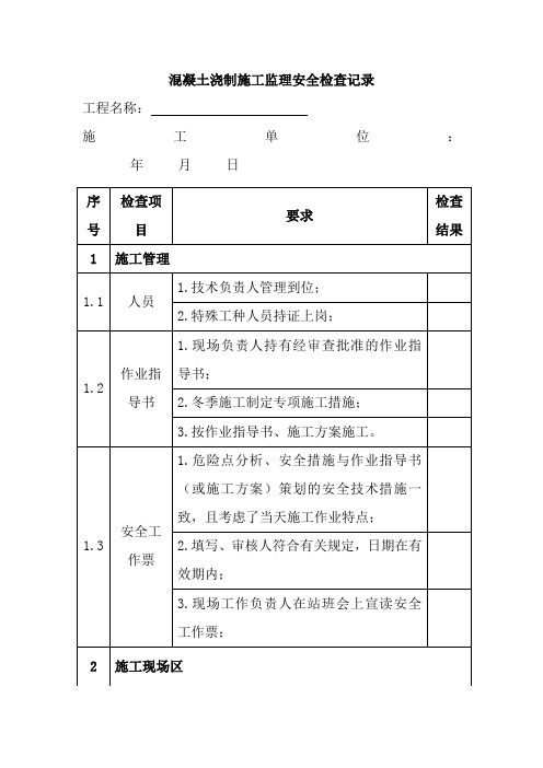 混凝土浇制施工监理安全检查记录