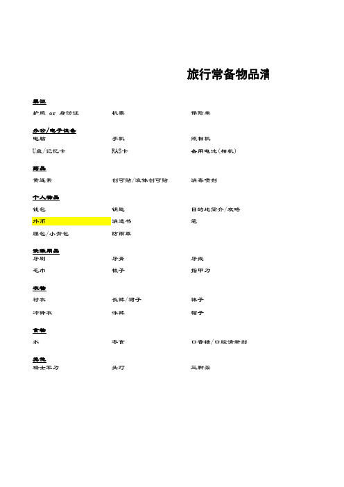 旅行常备物品清单2018