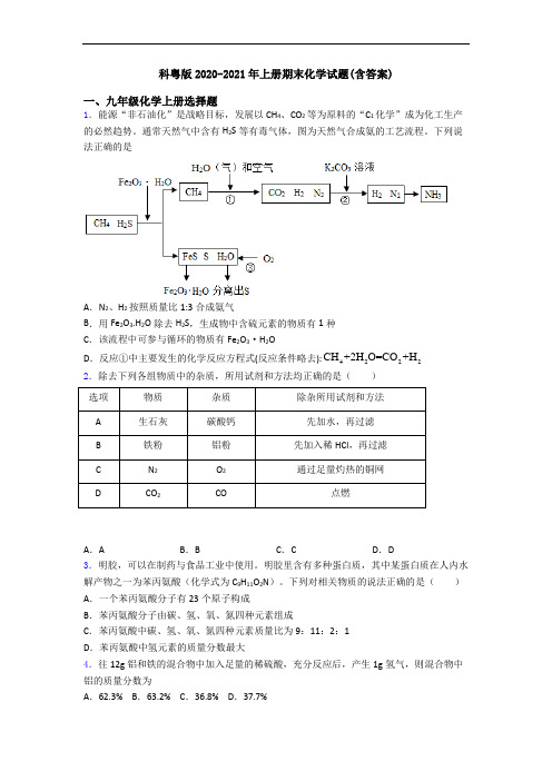 科粤版2020-2021年初三化学上册期末化学试题(含答案)