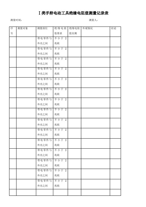 手持电动工具绝缘电阻值测量记录表