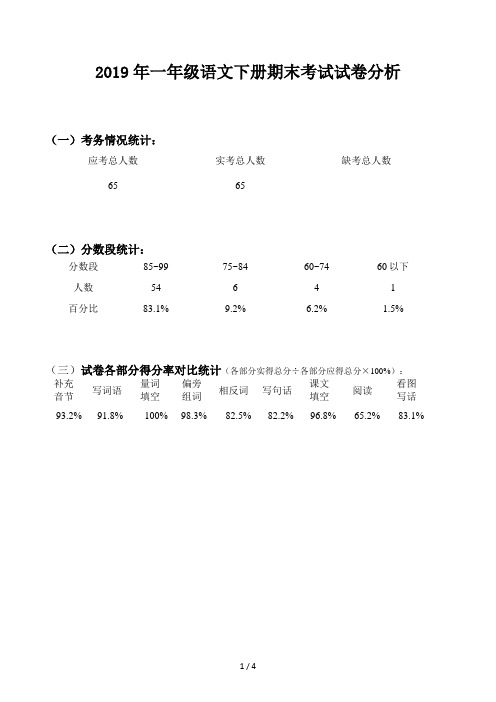 一年级语文下册期末考试试卷分析