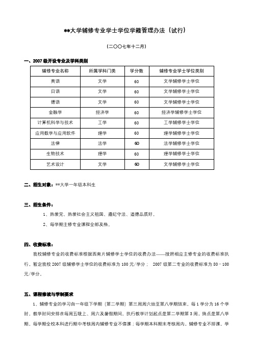 华东理工大学辅修专业学士学位学籍管理办法【模板】