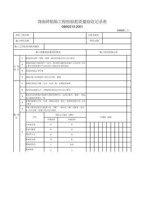 饰面砖粘贴工程检验批质量验收记录表