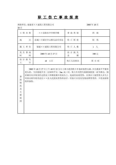 XX建筑公司职工伤亡事故报表