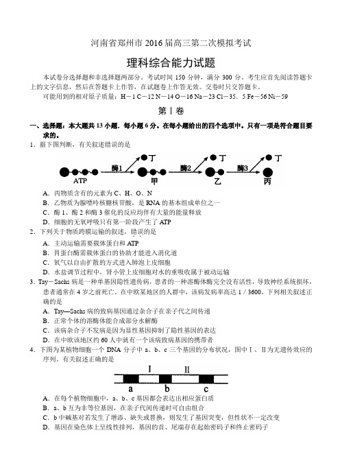 河南省郑州市2016届高三第二次模拟考试理综试卷(含答案)