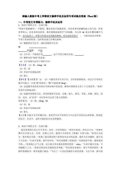 部编人教版中考上学期语文修辞手法及运用专项训练及答案(Word版)