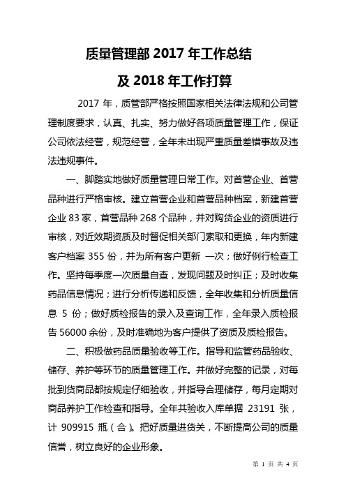 质量管理部工作总结与工作计划(药批企业)2017