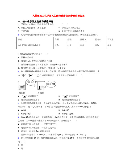 人教版初三化学常见的酸和碱培优同步测试附答案