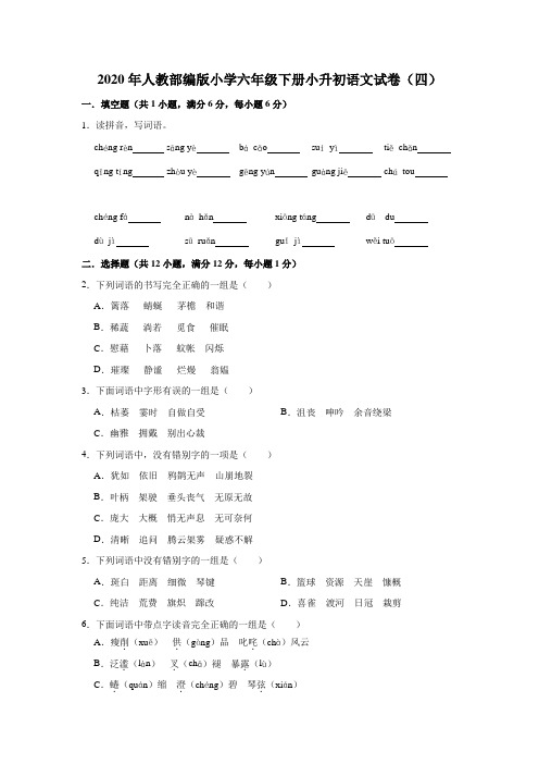 2020年人教部编版小学六年级下册小升初语文试卷(四)(含解析)