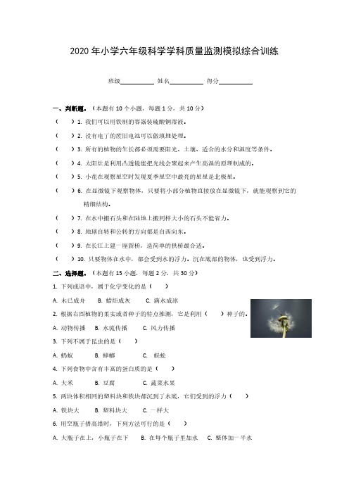 六年级下册科学试题  2020 年学科质量监测模拟综合训练  教科版  (PDF无答案)