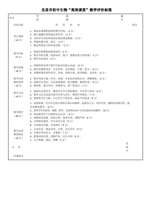 宜昌市初中生物高效课堂教学评价标准