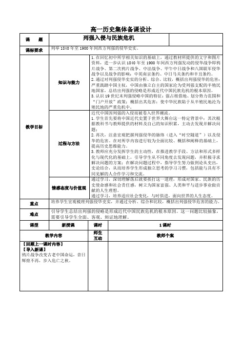 历史必修1人民版2.1列强入侵与民族危机教案