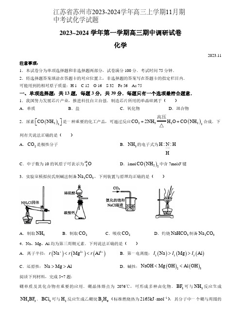 江苏省苏州市2023-2024学年高三上学期11月期中考试化学试题含答案