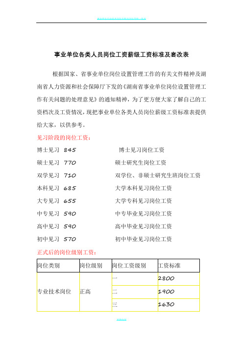 事业单位各类人员岗位工资薪级工资标准及套改表