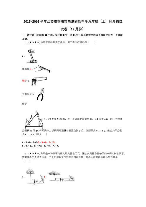 2015-2016学年江苏省泰州市高港实验中学九年级(上)月考物理试卷(12月份)