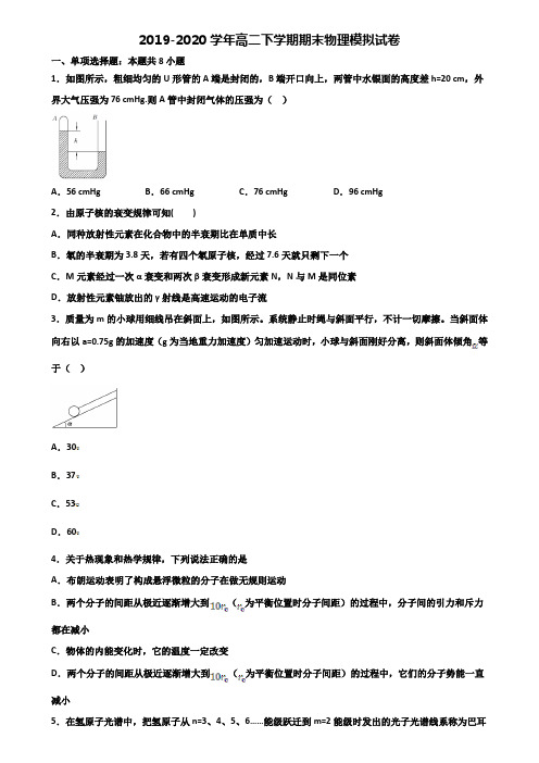 北京市名校2019-2020学年高二第二学期期末物理综合测试试题