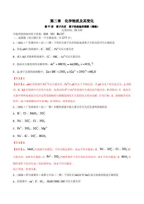 高中化学第05讲  离子共存 离子的检验和推断(精练)-2022年一轮复习讲练测(解析版)