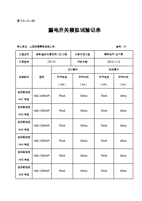 漏电开关模拟试验记录