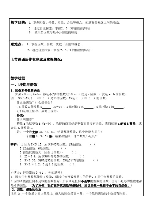 人教版五年级下因数倍数期末复习知识点