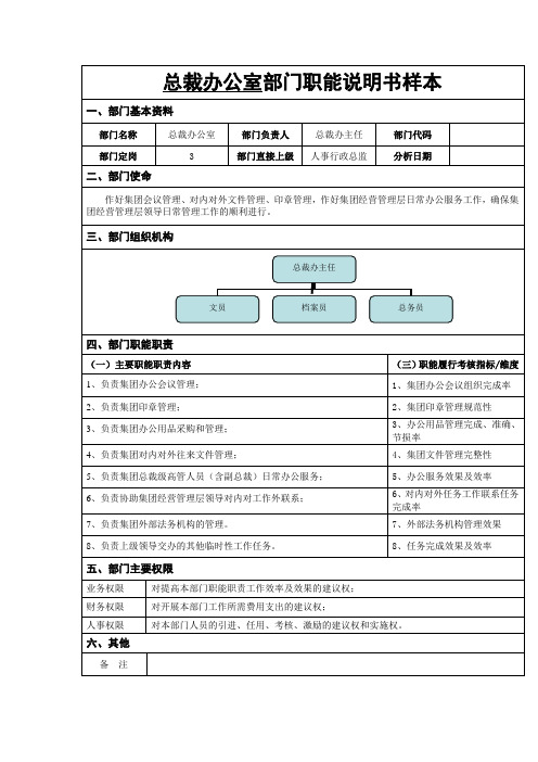 总裁办公室部门职能说明书样本