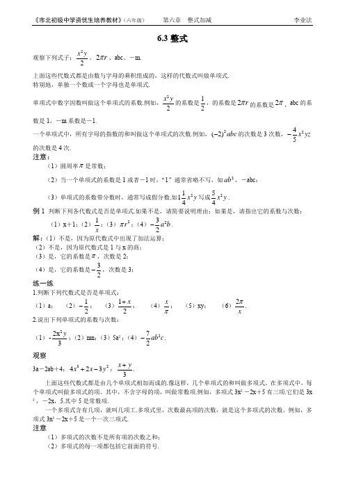 市北资优六年级分册 第06章 6.3  整式+李业法