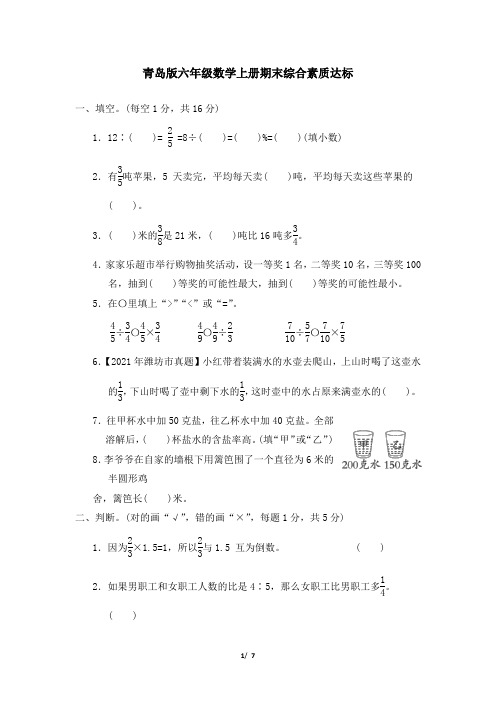 青岛版六年级数学上册期末综合素质达标 附答案