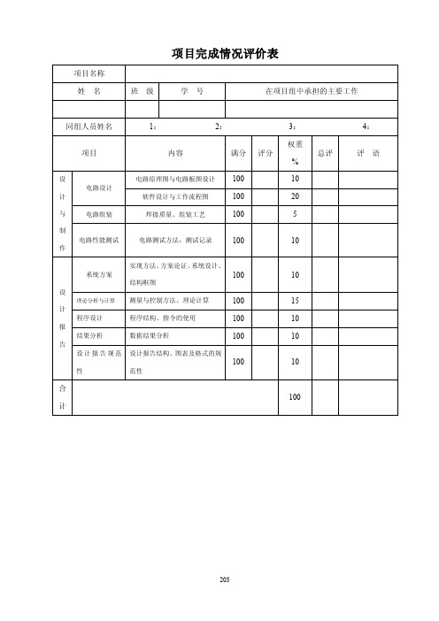 项目完成情况评价表