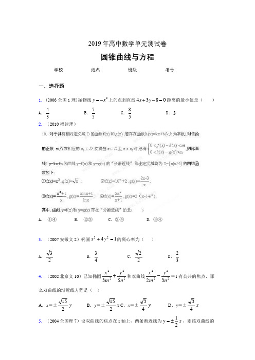 精选2020高考数学《圆锥曲线方程》专题训练考核题完整版(含参考答案)