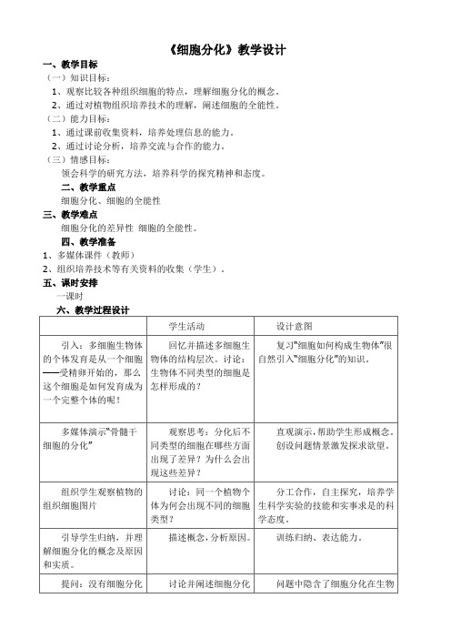 精品高中生物 人教版必修一 细胞分化教案