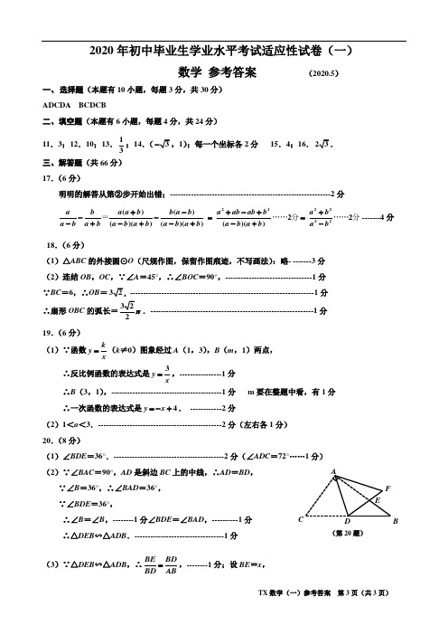 2020年初中数学适应性考试(一)答案_997