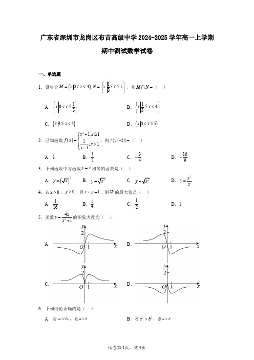 广东省深圳市龙岗区布吉高级中学2024-2025学年高一上学期期中测试数学试卷