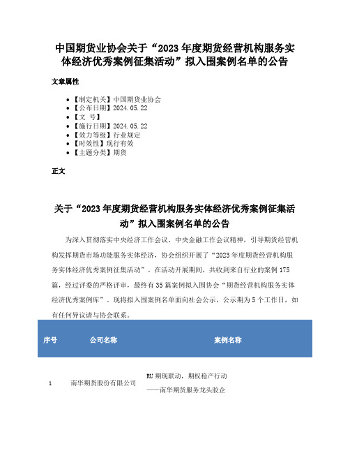 中国期货业协会关于“2023年度期货经营机构服务实体经济优秀案例征集活动”拟入围案例名单的公告