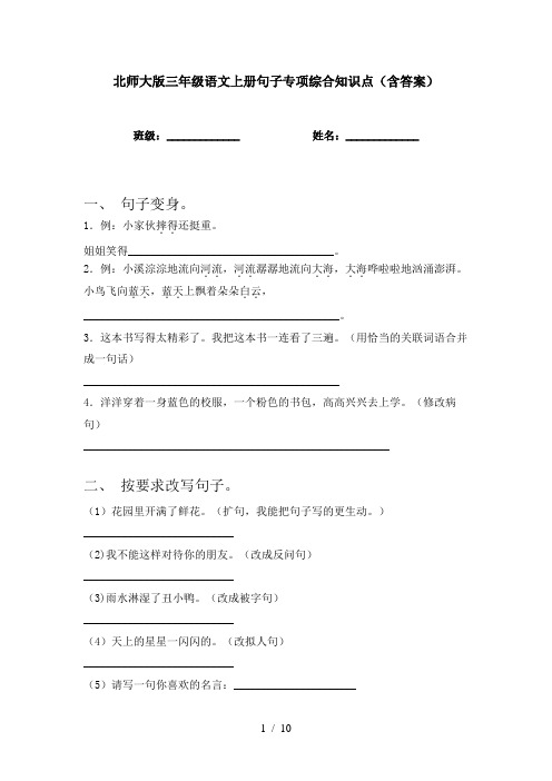 北师大版三年级语文上册句子专项综合知识点(含答案)