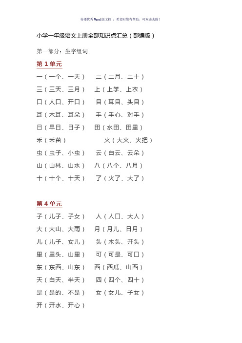 2018年小学一年级语文全部知识点汇总