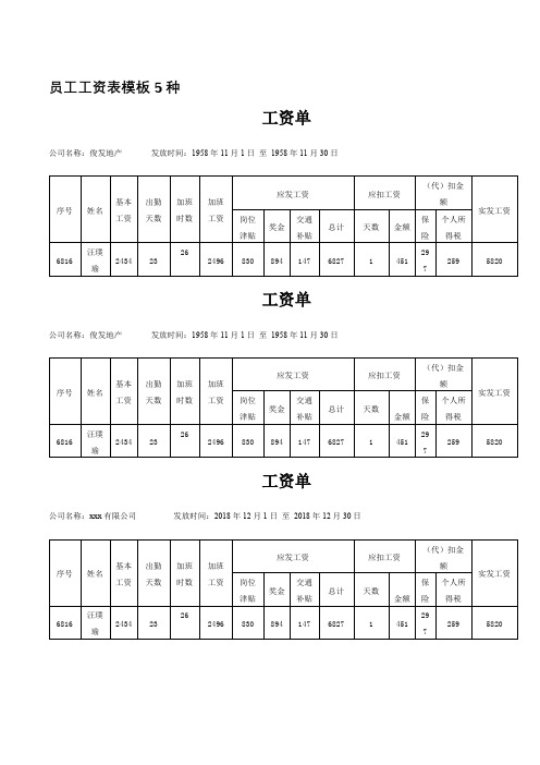 员工工资表模板5种